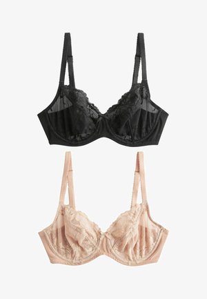 Du perskaičiai: vienas juodas su nėriniu ir tinklelio detalėmis, kitas šviesiai rožinis su gėlių nėrinių akcentais. Abu turi reguliuojamas petnešas ir kauliukus.