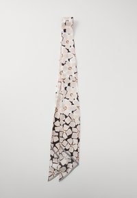 Écharpe en soie avec un motif floral en beige, noir et marron. Possède des extrémités pointues et une texture lisse. Design léger et aéré.