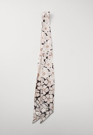 Silk scarf with a floral pattern in beige, black, and brown. Features pointed ends and smooth texture. Light and lightweight design.