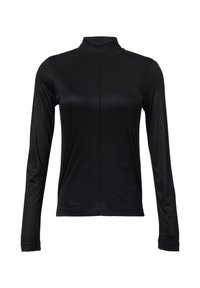 Czarny top z długim rękawem wykonany z gładkiego, elastycznego materiału. Posiada wysoki dekolt oraz szew wzdłuż środka przodu, a rękawy są dopasowane.