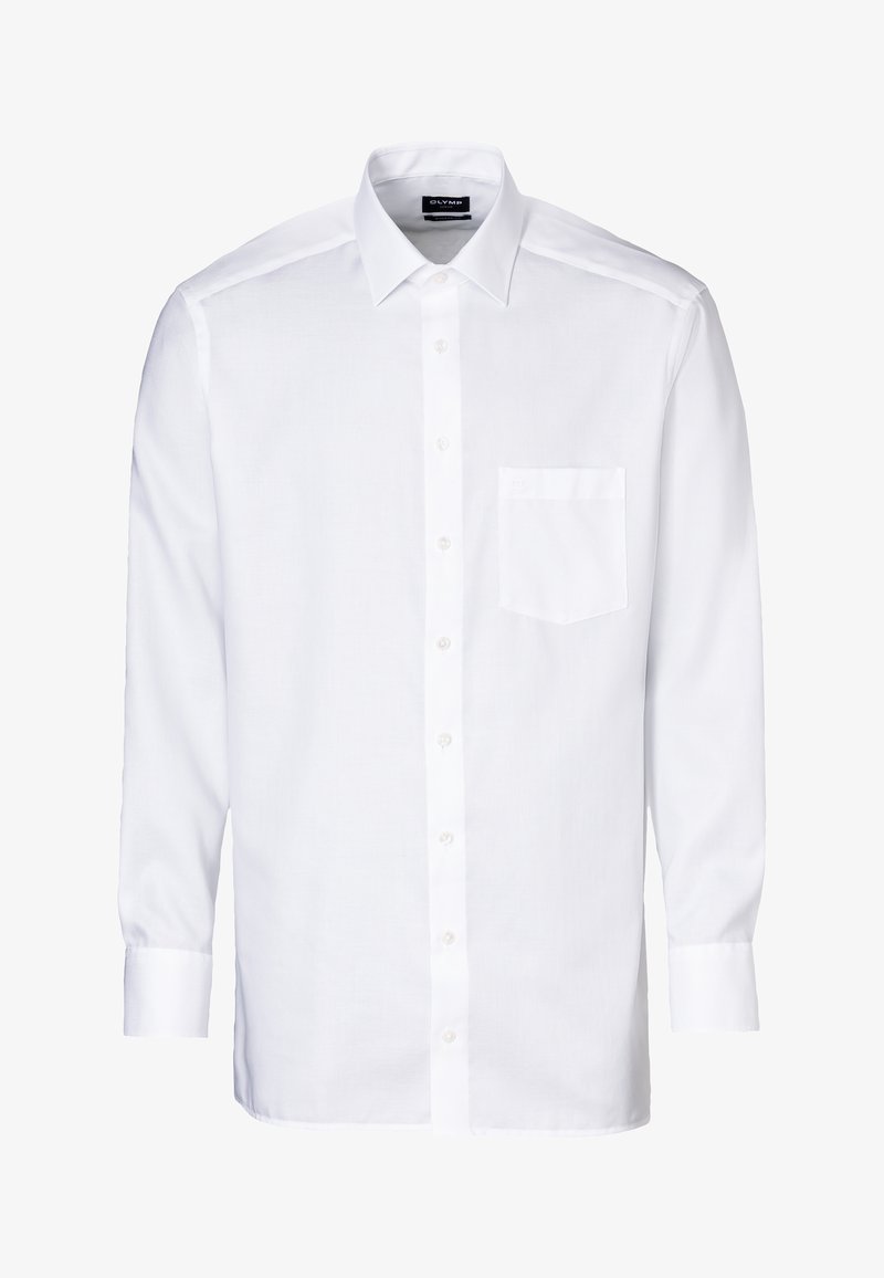 Chemise blanche à manches longues en coton, avec un col boutonné, une patte de boutonnage sur le devant et une poche poitrine unique.