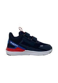 Scarpa da corsa blu navy con tomaia in rete, accenti rossi e blu, doppie cinghie con velcro e suola in gomma bianca.