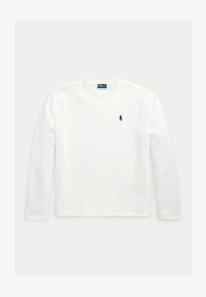 Hvid langærmet t-shirt med rund hals og lille navyblåt broderet polo spiller-logo på venstre bryst.