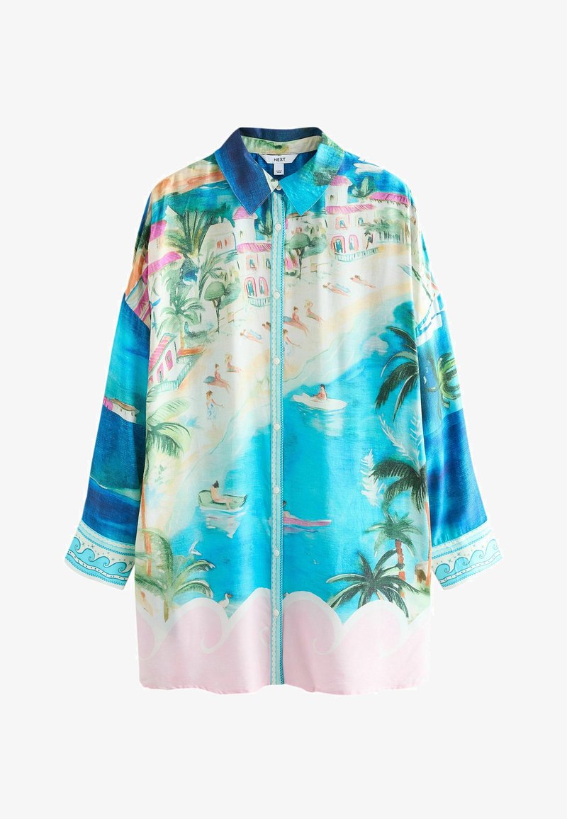 Langärmeliges Hemd mit einer lebendigen Strandszene in Blau-, Pink- und Grüntönen, mit einem Kragen und Knopfleiste vorne. Glatter Stoff.