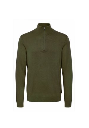 Olivengrøn strikket pullover med høj krave og kvart lynlås. Har lange ærmer og ribkant. Fremstillet af blødt, tekstureret materiale.