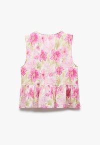 Blomstret ærmeløs top med et pink og grønt blomstermønster, peplumkant og tekstureret stof. Bagsiden viser en rund halsudskæring og ingen lukninger.