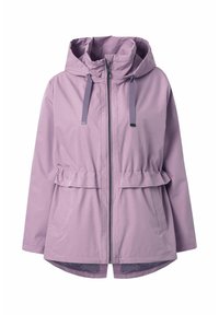 Hellviolette Kapuzenjacke mit Frontreißverschluss, verstellbaren Kordeln, Seitentaschen und einem etwas längeren Saum auf der Rückseite.