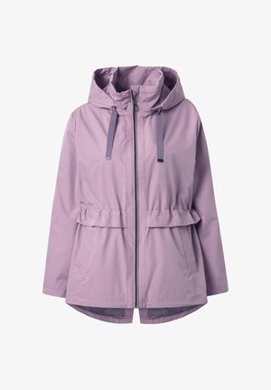 Giacca con cappuccio viola chiaro con zip frontale, coulisse regolabili, tasche laterali e orlo posteriore leggermente più lungo.