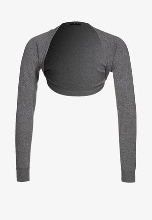 Šedý zkrácený svetr s dlouhými rukávy, vyrobený z měkké, elastické látky. Tělo je střihnuté krátce, s ribovými manžetami a zaobleným výstřihem.