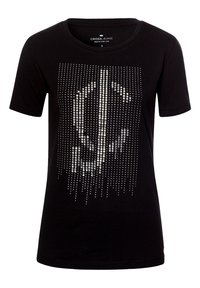 Czarny t-shirt z krótkim rękawem wykonany z bawełny; posiada grafikę z metalicznymi kryształkami w kształcie diamentów ułożonymi w pionowym rzędzie, tworzącą logo.