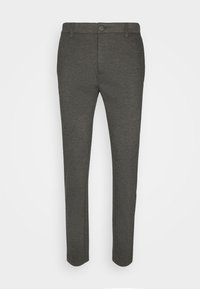 Pantalons ajustés gris fabriqués dans un tissu doux avec une texture lisse, dotés d'une fermeture à bouton et d'un design slim fit.