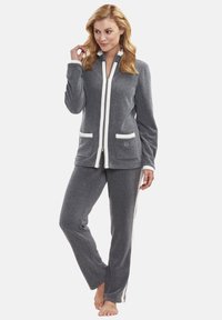 Gray fleece zip-up jacket with white trim and pockets, paired with matching joggers featuring white side stripes. Soft, cozy texture.