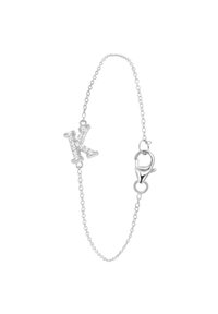 Zilveren schakelarmband met een decoratieve, met diamanten bezette letter "K" en een kreeftsluitingen. Minimalistisch ontwerp met verfijnde schakels.