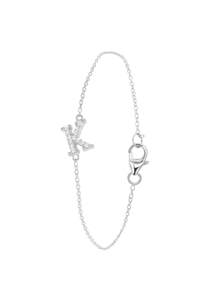 Zilveren schakelarmband met een decoratieve, met diamanten bezette letter "K" en een kreeftsluitingen. Minimalistisch ontwerp met verfijnde schakels.