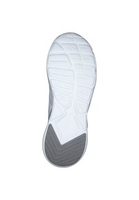 White sneaker sole, featuring a textured grip pattern, cloudfoam technology, and a gray accent. Durable rubber material, lightweight design.