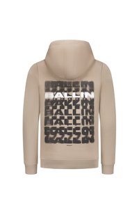 Beige hoodie met een groot zwart-wit grafisch tekstontwerp op de achterkant. Zachte stof met ribgebreide manchetten en zoom.