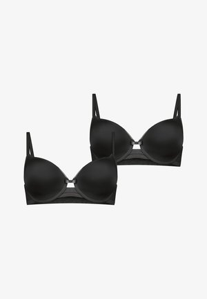 Reggiseni imbottiti neri con spalline regolabili, tessuto liscio, ferretto di sostegno, dettagli in pizzo sulla fascia e una piccola chiusura decorativa.