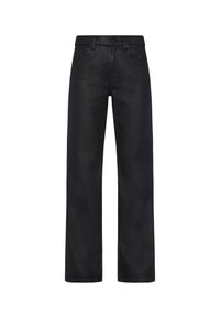 Jeans in denim nero con design a gamba dritta, cinque tasche e chiusura a bottone classica con cuciture tonali.