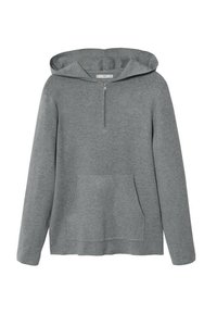 Hoodie gris à manches longues avec poche kangourou à l'avant et courte fermeture éclair au col, fabriqué en tissu tricoté doux.