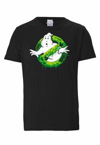 Black T-shirt featuring a cartoon ghost with green slime accents and a logo circle. Made of cotton, with a classic crew neck design.