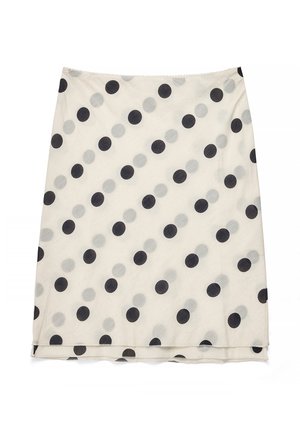 Valge põlveni ulatuv seelik musta ja halli diagonaalse täpilise mustriga, kerge kangaga ja veidi laineline ülaäär.