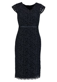 Lace sheath klänning i mörk marinblå med V-ringning, korta ärmar, figurnära silhuett och en scalloped spets nederkant.