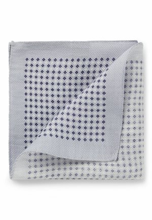 Lichtgrijs geweven textiel dubbelgevouwen om voor- en achterkant te tonen, met een raster van kleine donkere ruitpatronen over de stof.