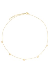 Collier en chaîne dorée avec cinq petits pendentifs en forme de cœur texturés, doté d'un fermoir lobster et d'une longueur de chaîne ajustable.