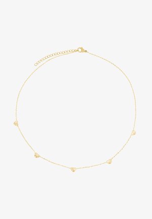 Collier en chaîne dorée avec cinq petits pendentifs en forme de cœur texturés, doté d'un fermoir lobster et d'une longueur de chaîne ajustable.