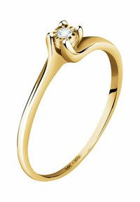 Goldring mit einem Solitär-Diamantmittelstück, ausgestattet mit einem glatten, polierten Band und einer sechs-Krallen-Verbindung. Markiert mit "MK 375."