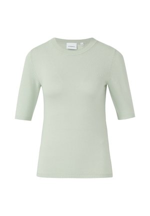 Jasnozielona krótka dzianinowa bluzka z krótkim rękawem, okrągłym dekoltem, dopasowanym krojem oraz prążkowanymi mankietami i dołem.