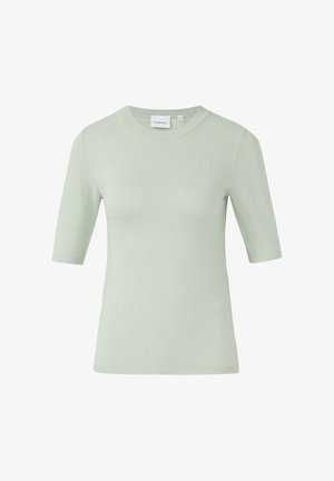 Jasnozielona krótka dzianinowa bluzka z krótkim rękawem, okrągłym dekoltem, dopasowanym krojem oraz prążkowanymi mankietami i dołem.