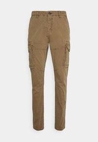 Khaki spodnie cargo ze slim fit, z wieloma kieszeniami bocznymi i wyszywaną strukturą. Posiadają zapięcie na guzik i zwężane mankiety na kostkach.
