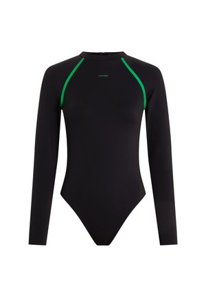 Rash guard noir à manches longues avec un col montant. Présente des accents verts sur les épaules et un design de body ajusté. Texture lisse.