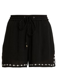 Svarta shorts med elastiskt midjeband, snörning och vita broderade detaljer längs fållen. Lätt och strukturerad tyg.