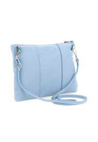 Borsa a tracolla in pelle blu chiaro con tracolla removibile, chiusure in argento e cuciture verticali testurizzate sul davanti.