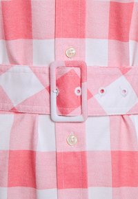 Kárované šaty s růžovými a bílými kostkovanými vzory, texturou látky, odpovídajícím páskem se čtvercovou sponou a zapínáním na knoflíky.