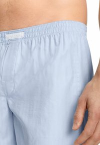 Boxers bleu clair à motif chevrons avec une taille élastique ; détail de poche arrière simple ; texture de tissu douce.