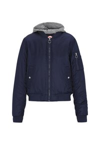 Marine bomberjack met een grijze hoodie-voering, ritssluiting, twee zijzakken en elastische manchetten; heeft een decoratieve ritssluiting op de linkermouw.