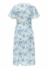 Robe midi blanche avec motif floral bleu, manches courtes à volants et ceinture fine à la taille, vue de dos sur un fond uni.