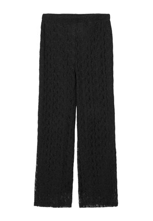 Pantalon large en dentelle noire avec un motif tissé ouvert texturé et une taille élastique, offrant une silhouette ample et fluide.