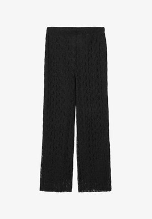 Pantalon large en dentelle noire avec un motif tissé ouvert texturé et une taille élastique, offrant une silhouette ample et fluide.