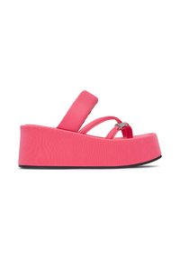 Bright pink platform sandal with thick sole, padded ankle strap, thin toe straps, and small metallic buckle detail.