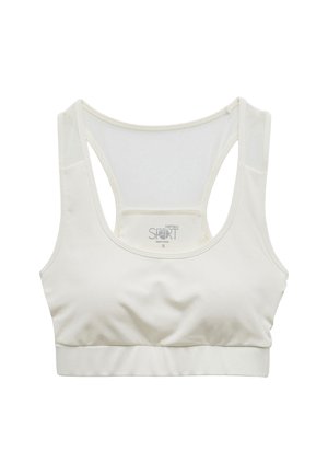 Lichtbeige sportbeha van gladde stof, met een racerback ontwerp, rekbare band en minimale stikseldetails voor comfort.