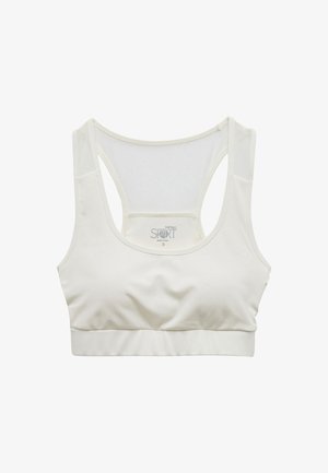Lysbeige sportsbh lavet af glat stof, med racerback-design, strækbart bånd og minimale sømdetaljer for komfort.
