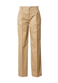 Beige op maat gemaakte broek met een gladde textuur, rechte pijpen, voorplooien en een klassieke tailleband. Gemaakt van lichtgewicht stof.