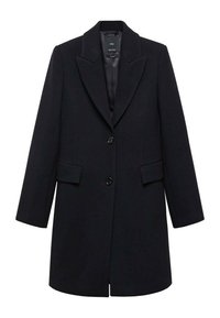 Zwarte wollen mix jas met geklede revers, dubbele knopen, twee voorkeurszakken en een getailleerde pasvorm. Zachte textuur en minimalistisch ontwerp.