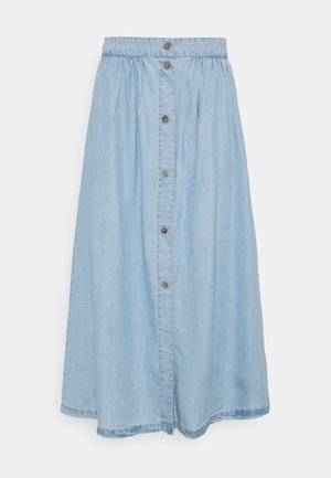 Lyseblå midi-lang denimnederdel med knaplukning foran og detaljer med let rynket taljebånd.