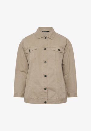 Beige skjortejakke med krave, lange ærmer, to brystlommer med klap og synlige sømdetaljer.