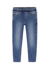 Denim-Leggings mit elastischem Bund, hellblauer Farbe, zwei Fronttaschen und glatter Textur. Figurbetonter Stil, Standardlänge.